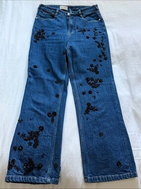 Pilcro Blue Wide-Leg Jeans with Black Sequin Floral Embellishment